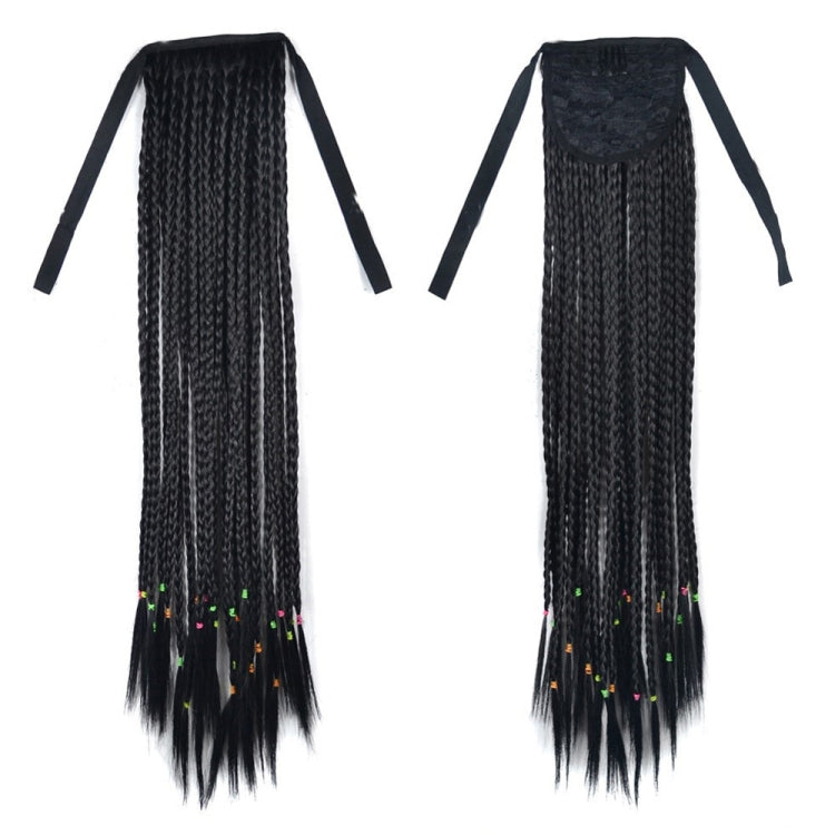 Long black braided ponytail hair extension with two fabric straps and colorful thread specks