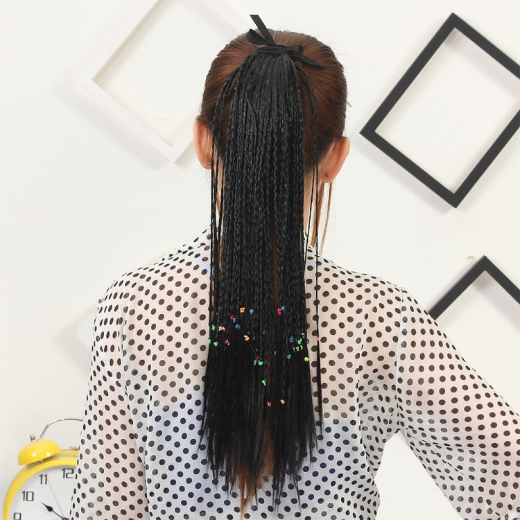 Black braided ponytail hair extension with multicolor thread details and top tie