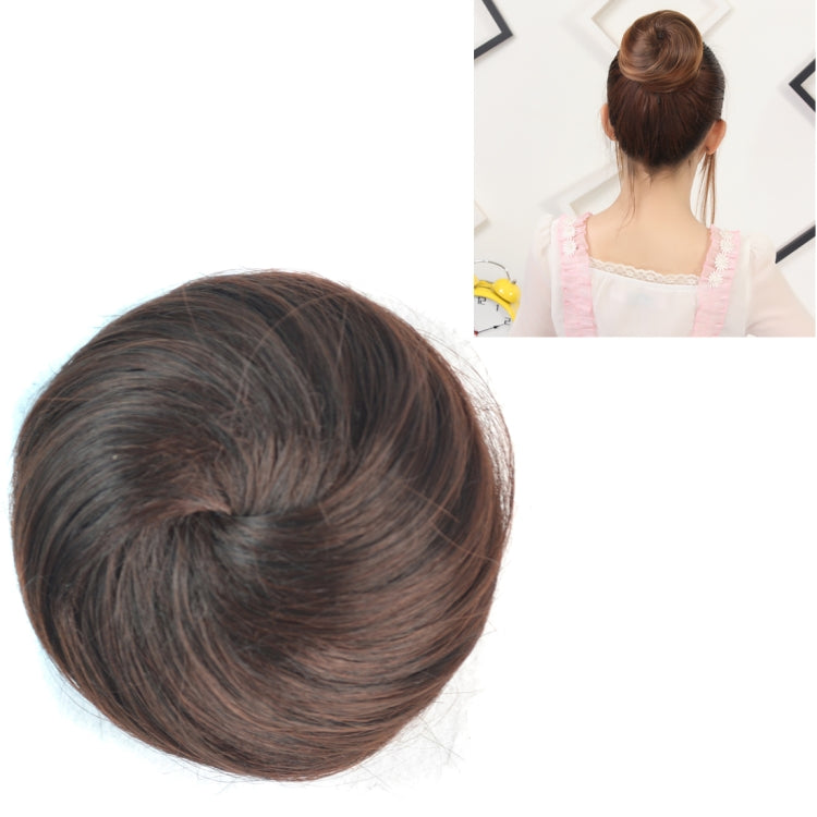 Hair bun disk wig, dark brown swirl top close-up