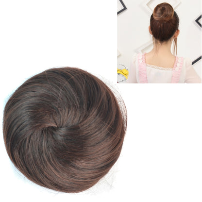 Hair bun disk wig, dark brown swirl top close-up