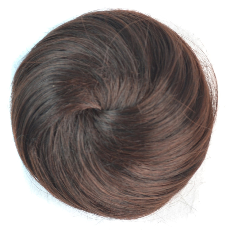 Hair bun disk wig, dark brown smooth bun top close-up