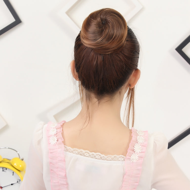 Chestnut hair bun disk wig, brown bun with face-framing ends on model