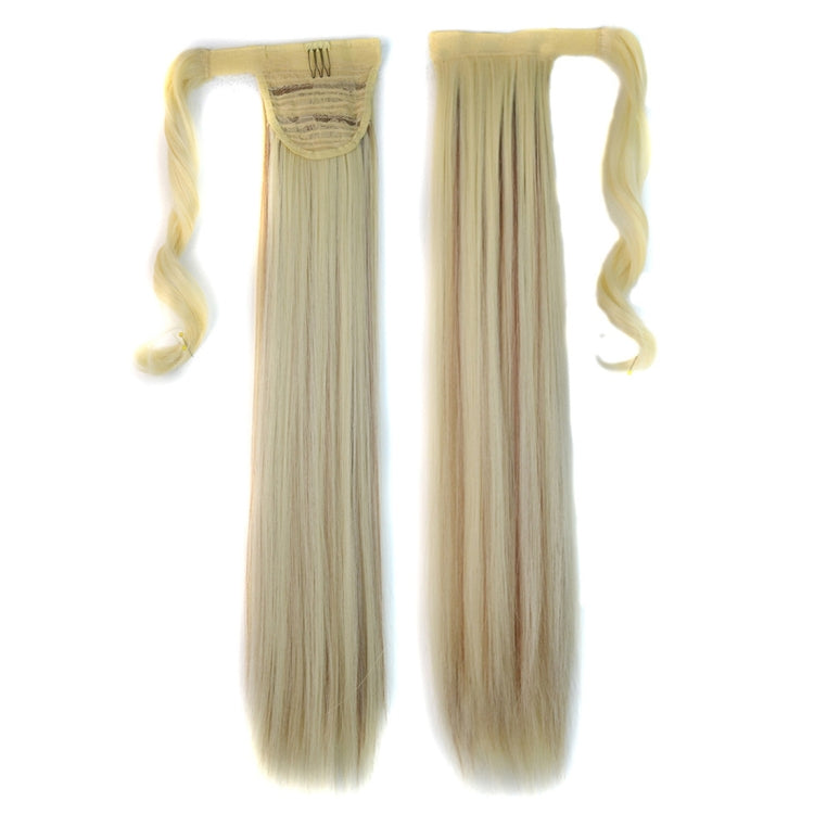 Long straight light-blonde ponytail hair extension shown from front and side