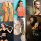 Long blonde high ponytail hair extension worn on a model