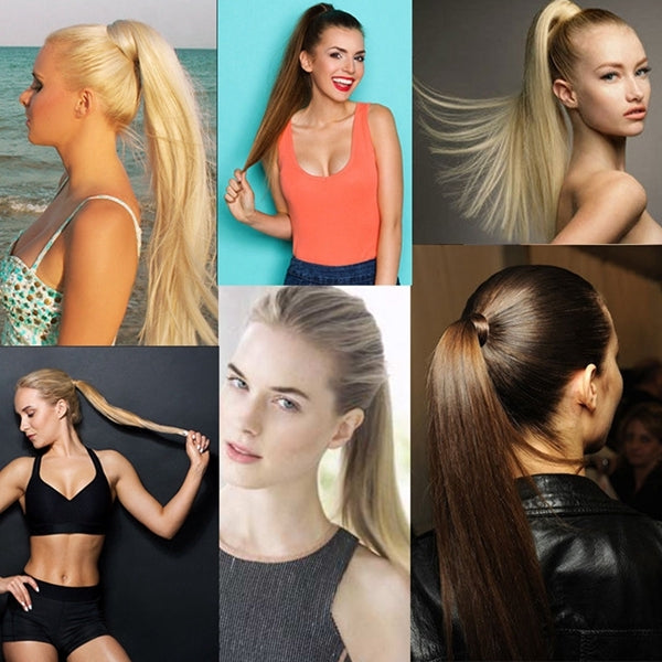 Long blonde high ponytail hair extension worn on a model