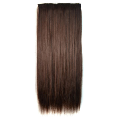 Long straight hair wig piece with dark brown smooth strands, even length, full coverage
