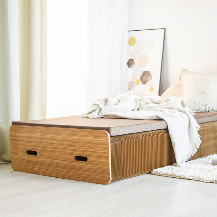 Brown folding single bed with ribbed base, wooden frame, and two side handle slots.
