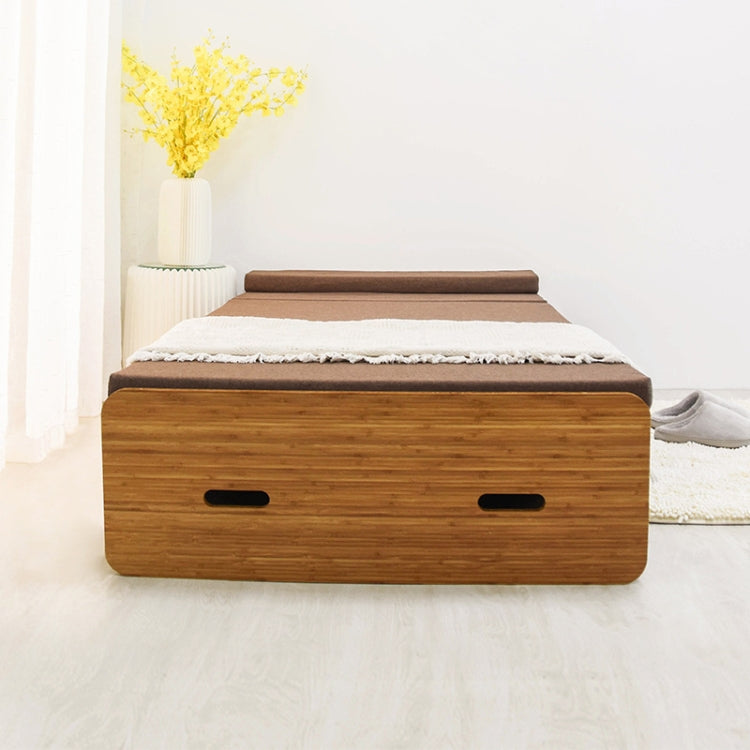 Brown folding single bed with ribbed side panels and two front handle openings.