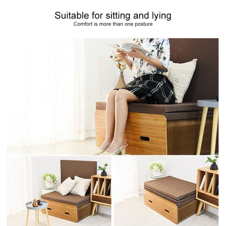 Folding single bed shown in multiple uses with brown frame and gray mattress cushions.