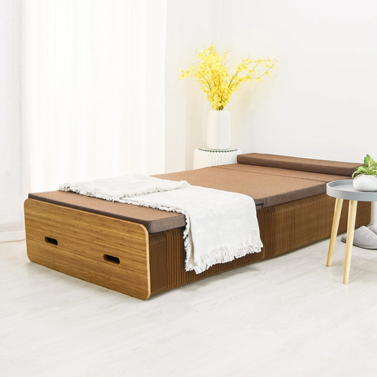 Brown folding single bed with ribbed base and blanket-draped gray mattress in wooden frame.
