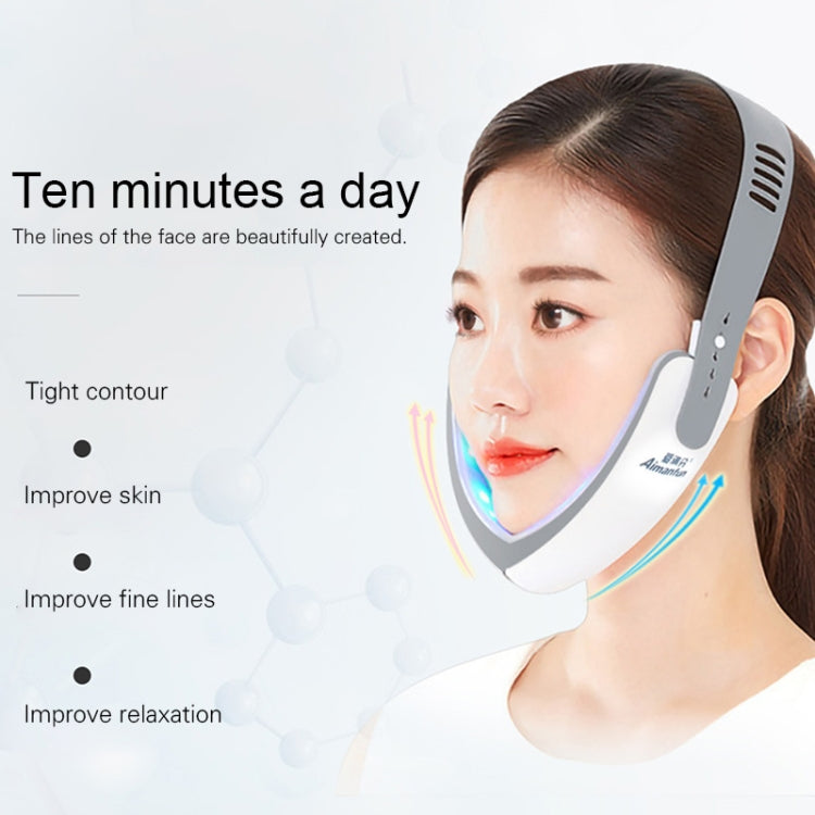 V-shaped LED face lift belt worn around chin and cheeks with blue light glow