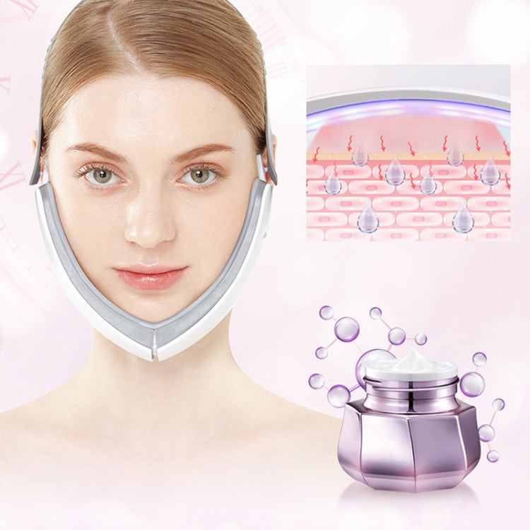 V-shaped LED face lift belt on model’s face with multicolor light effect
