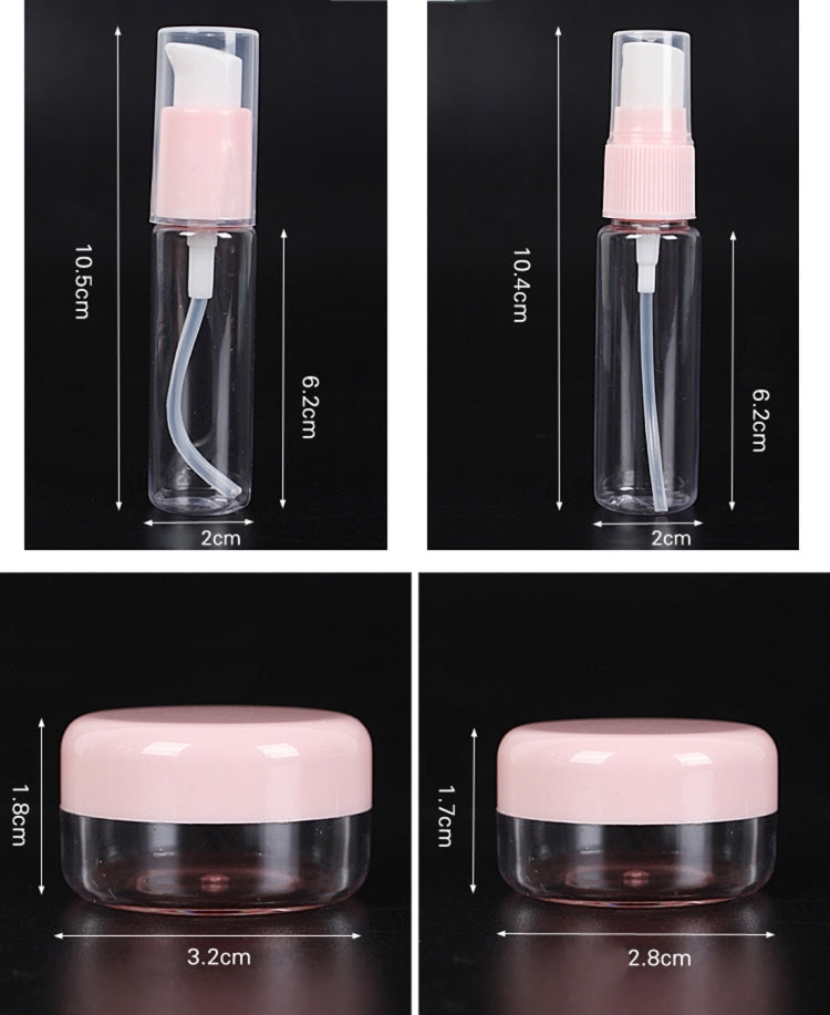 Travel size cosmetics spray bottles with pink pumps and clear refill tubes