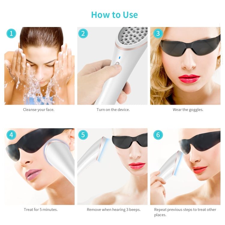 Handheld acne light therapy device shown during face treatment steps