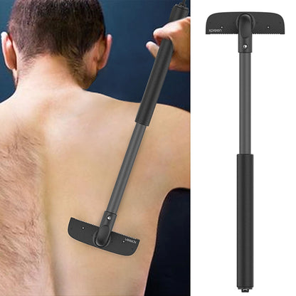 Back shaver with black adjustable handle and flexible cutting head with lanyard