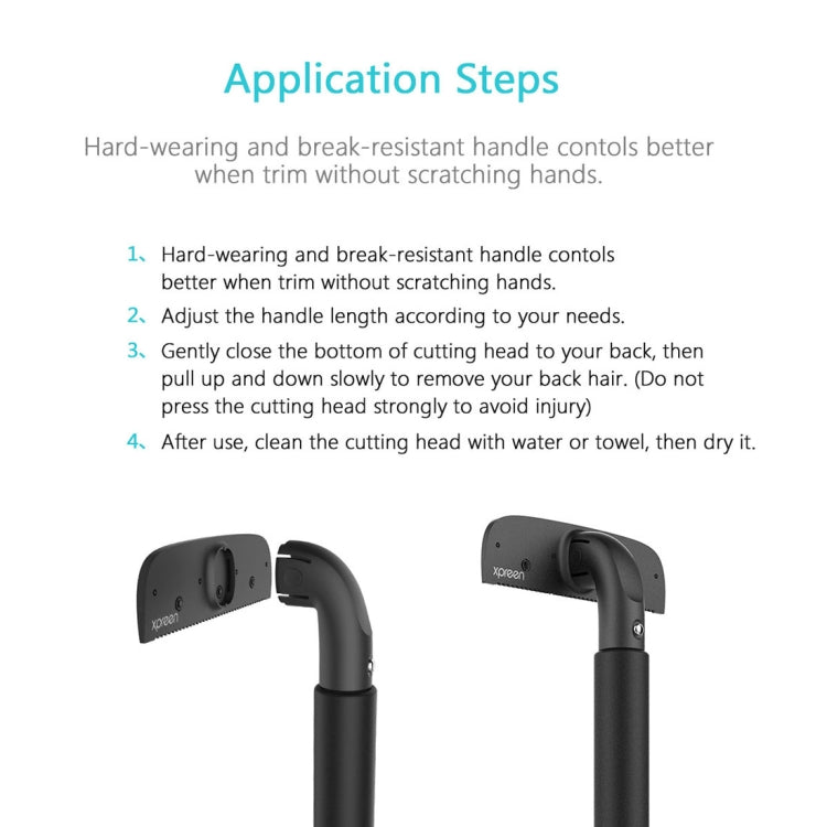 Back shaver with black handle and pivoting cutting head shown from different angles