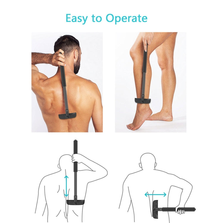 Back shaver demonstration on shoulders and legs with adjustable handle and head
