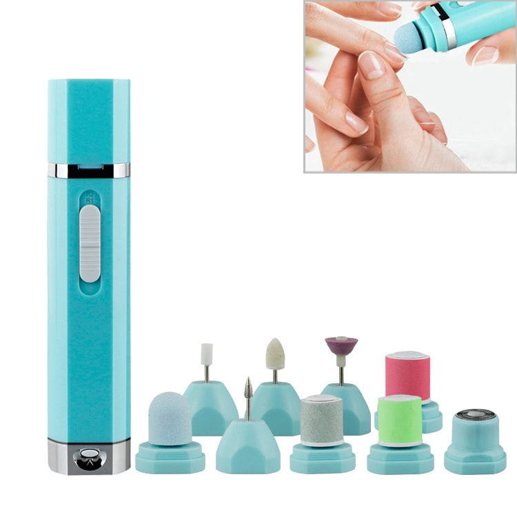 Turquoise portable electric nail polisher with sanding barrel and chrome base