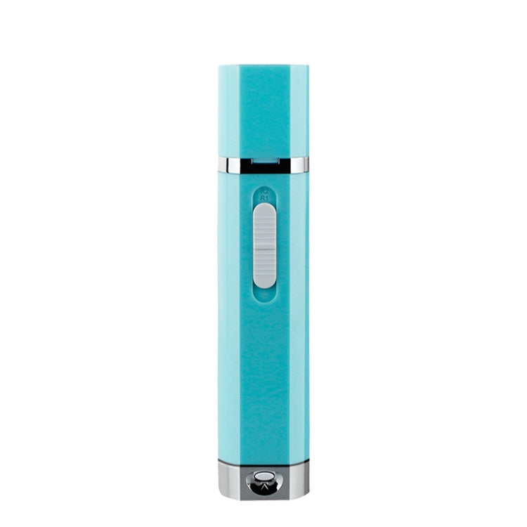 Turquoise handheld nail polisher tool with oval window and built-in sanding head