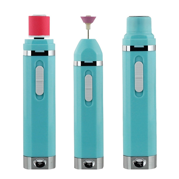 Turquoise nail polisher set with red, purple, and plain sanding caps on heads