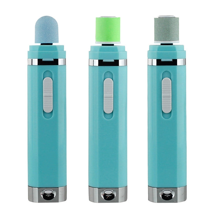 Turquoise nail polisher set with blue, green, and gray sanding caps on heads
