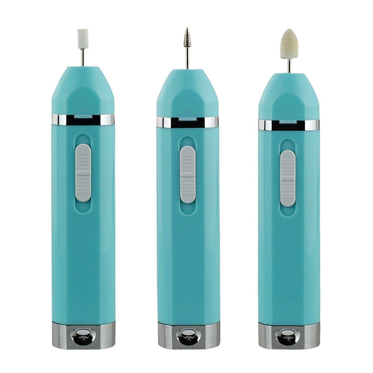 Turquoise nail polisher set with different sanding attachment shapes and colored tops