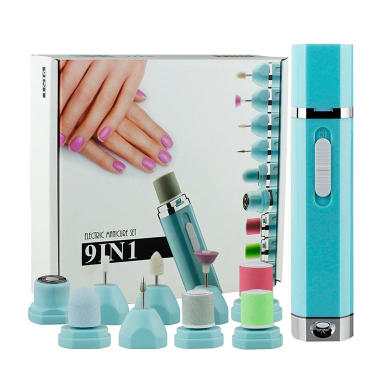 Nail polisher kit with turquoise handpiece and assorted colored sanding attachments