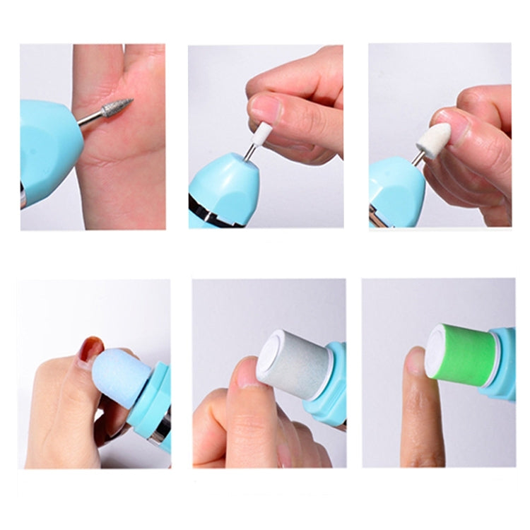 Nail polisher sanding bits shown on fingers during manicure grooming