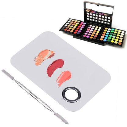L-size square stainless steel makeup palette with circular mixing ring and swatches