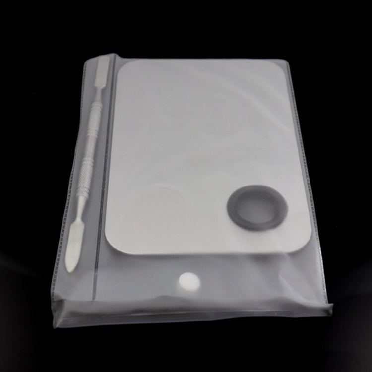 L-size square stainless steel makeup palette in clear pouch with mixing ring