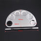 Semicircle palette with size markings 156x100mm, five wells, and two makeup tools