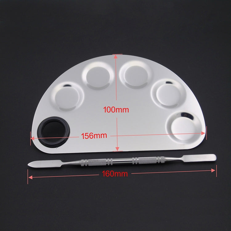 Semicircle palette with size markings 156x100mm, five wells, and two makeup tools