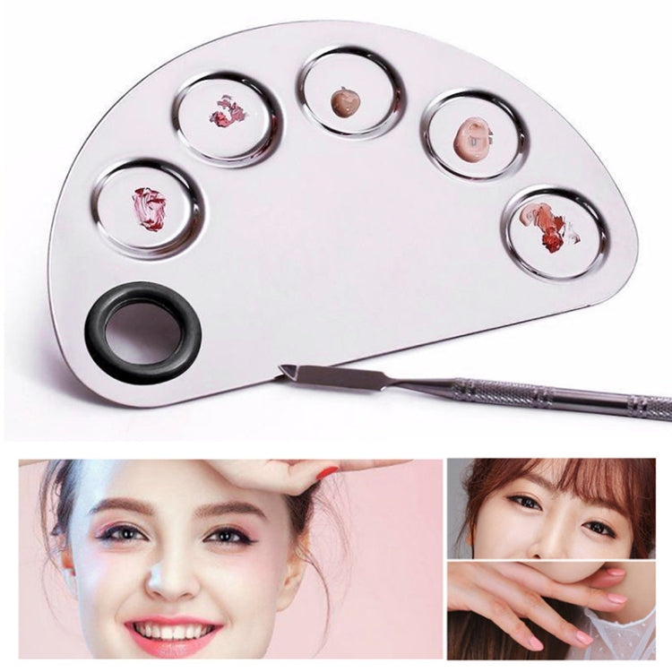 Stainless semicircle makeup palette with six round wells and metal mixing cup, with tools