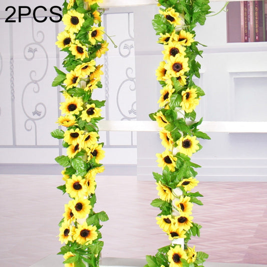 Artificial sunflower garland strands with yellow blooms and green leaves, set of two