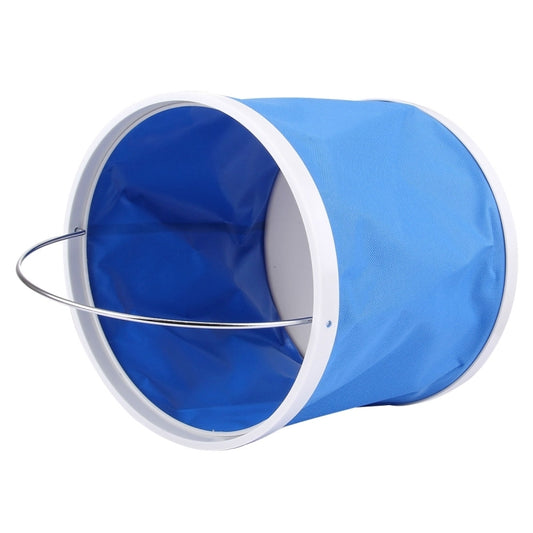 Blue foldable water bucket with open side and white rim, shown at angle