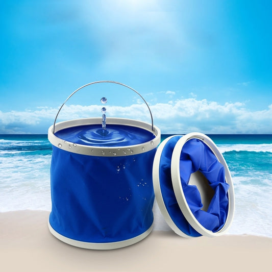 Blue foldable water bucket with white rim and metal carry handle, open top