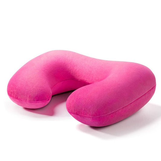 Rose red inflatable U-shaped travel neck pillow cushion with soft, plush surface