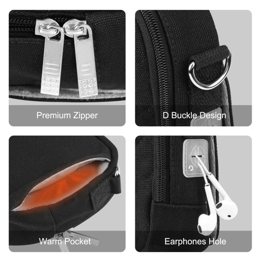 Black quilted bag detail: double-zip pulls, D-ring clip, side warm pocket, earphone hole