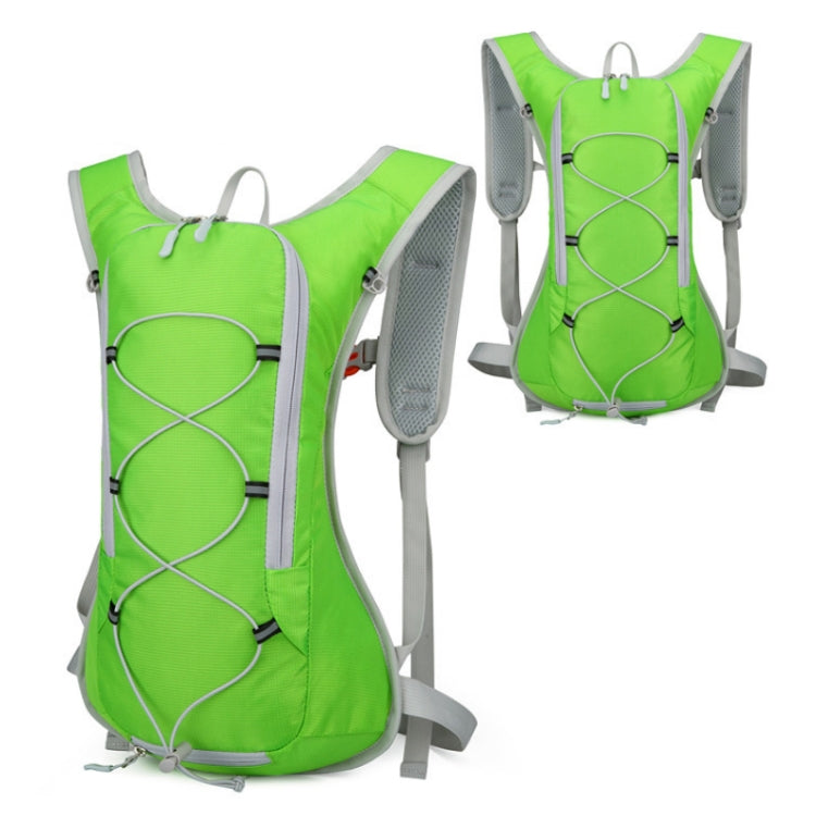 Bright green hydration backpack with mesh back, padded straps, and hose tube loop