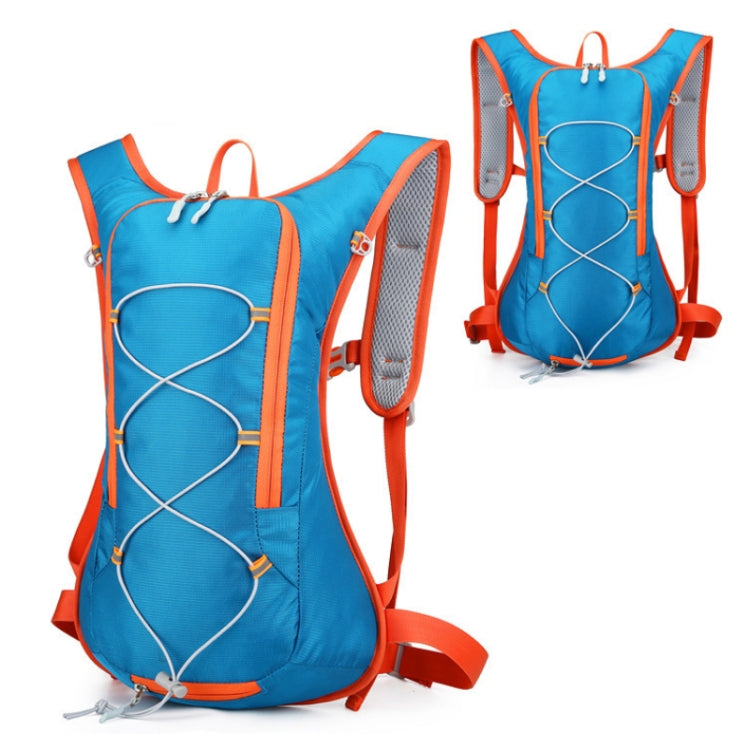 Blue hydration backpack with orange trim, front hydration hose loop, and padded straps
