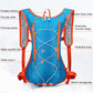 Blue hydration backpack with orange trim, reflective accents, and front zip pocket panel