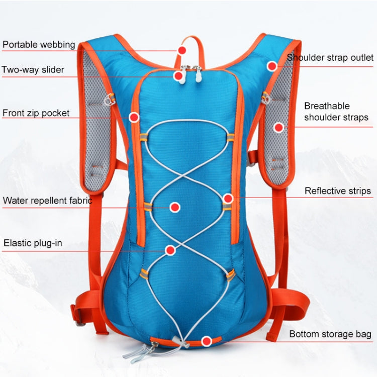 Blue hydration backpack with orange trim, reflective accents, and front zip pocket panel