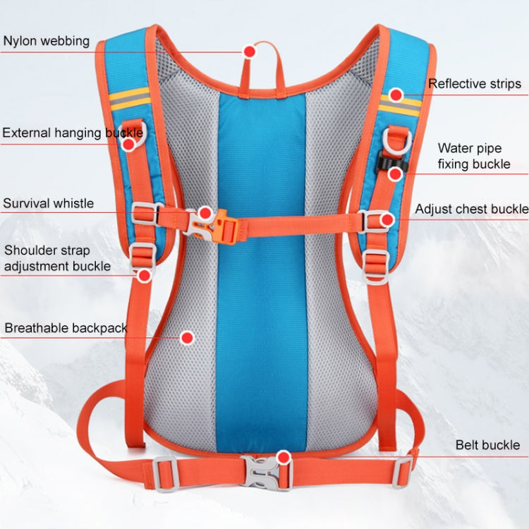 Blue hydration backpack with orange straps, buckles, whistle detail, and breathable mesh backing