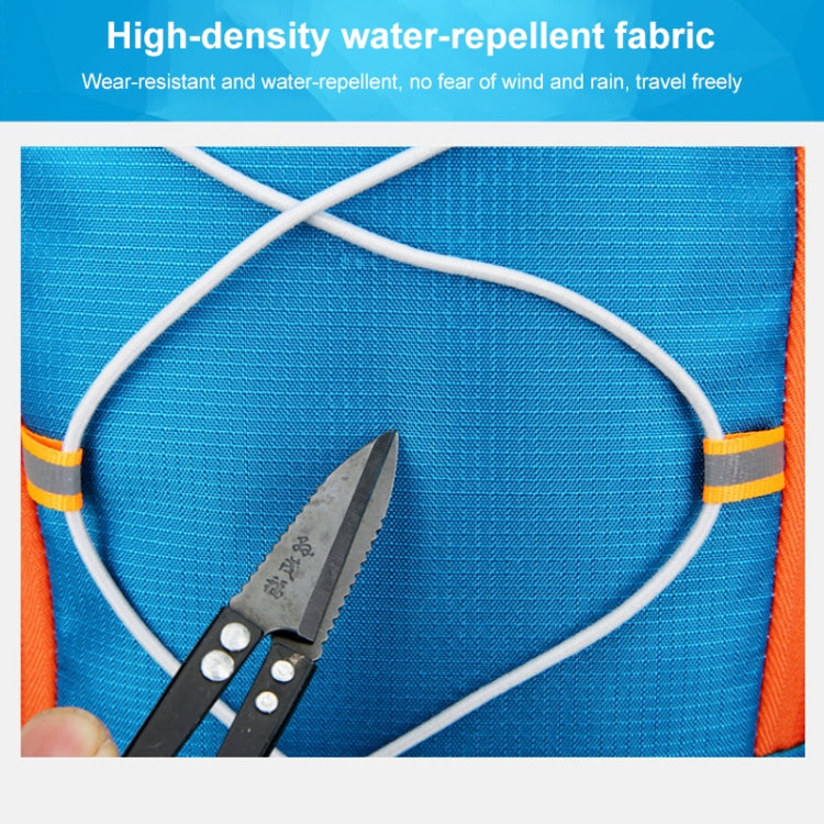 Close-up of blue hydration backpack fabric panel with white hose line and orange trim