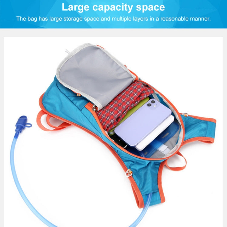 Blue hydration backpack with open top storage space and visible hydration hose tube