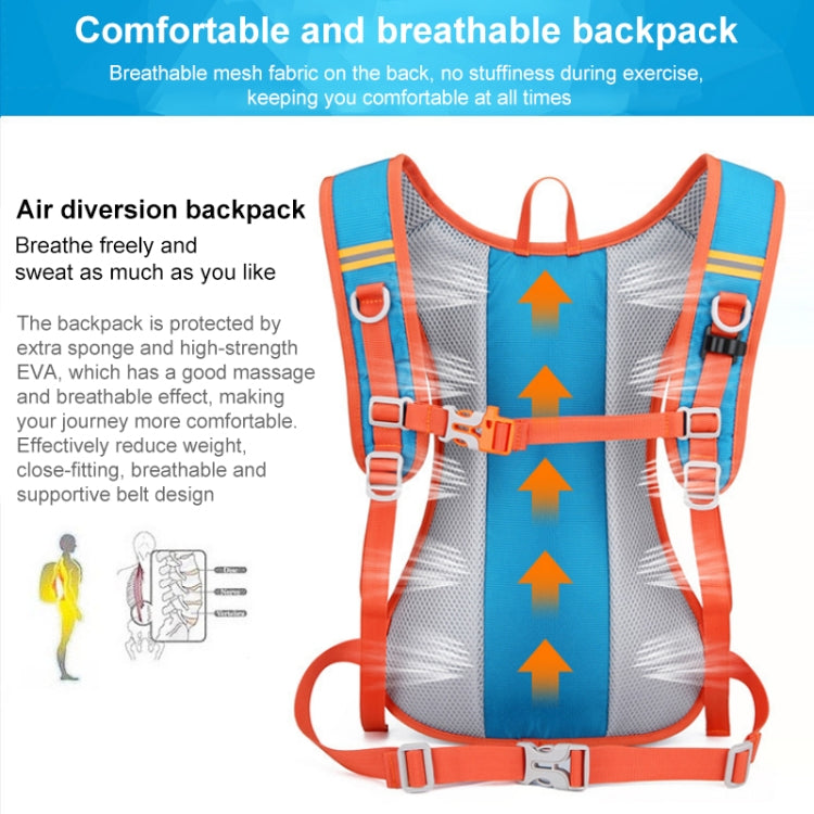 Blue hydration backpack with breathable mesh back and adjustable chest and waist belt