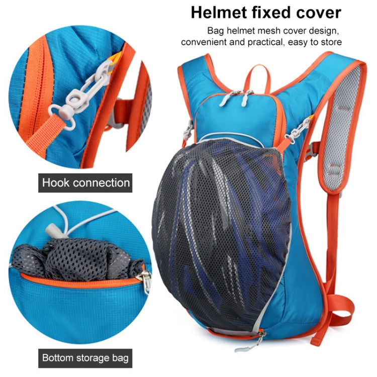 Blue hydration backpack with helmet fixed mesh cover and bottom storage pouch