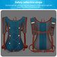 Blue hydration backpack with reflective strips, shown from front and back views