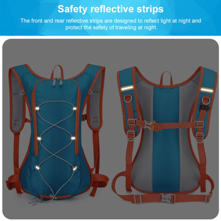 Blue hydration backpack with reflective strips, shown from front and back views