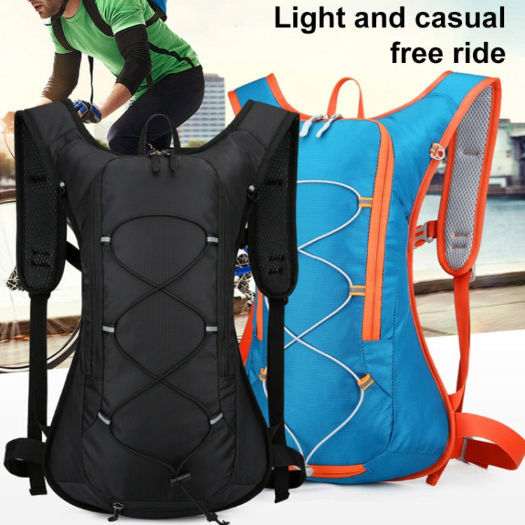 Hydration backpack in black, with chest strap and front pocket; blue version behind.